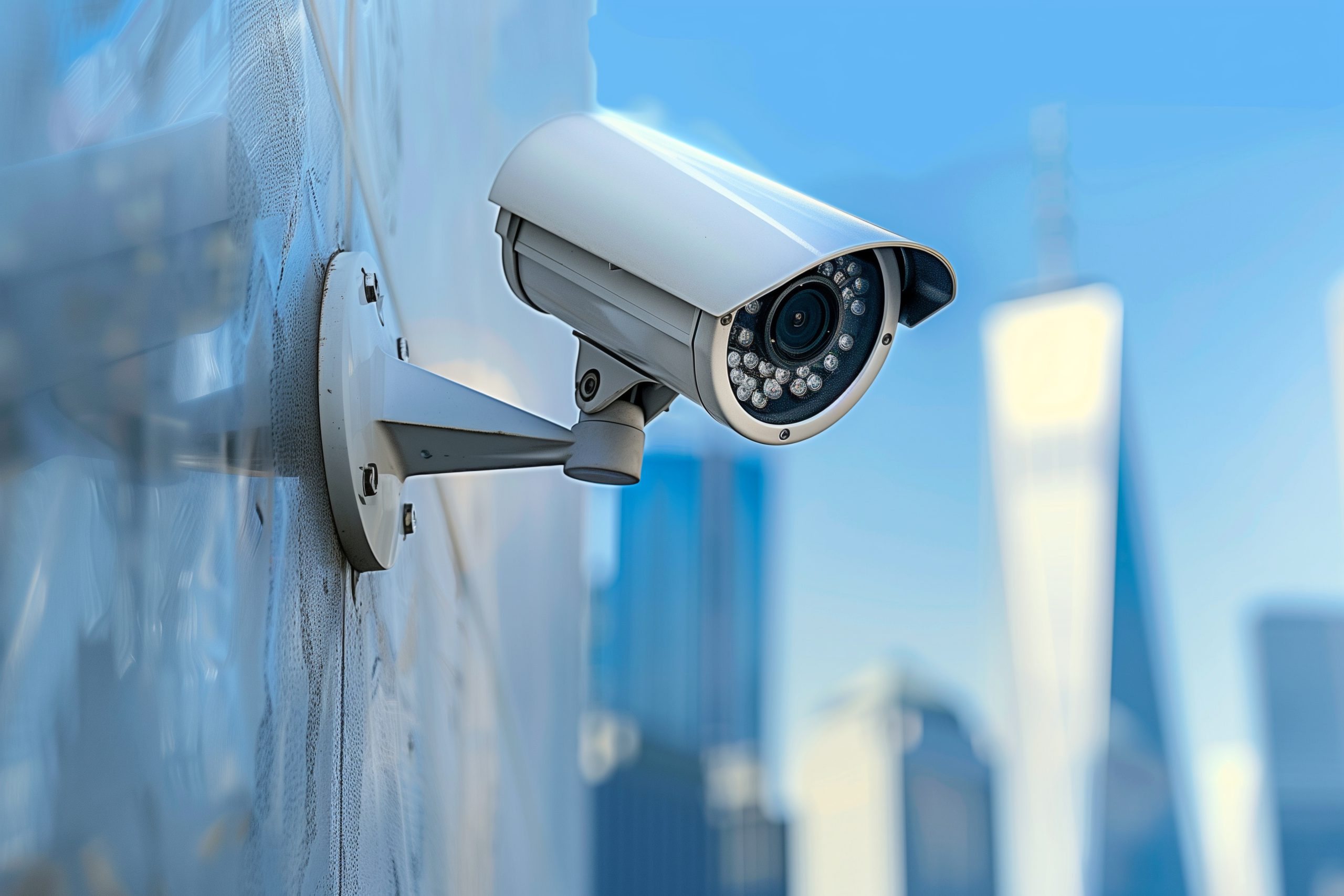 a close-up shot highlights a modern security camera installed on a wall, against a backdrop of a clear blue sky and blurred skyscrapers, offering peace of mind and protection in ur